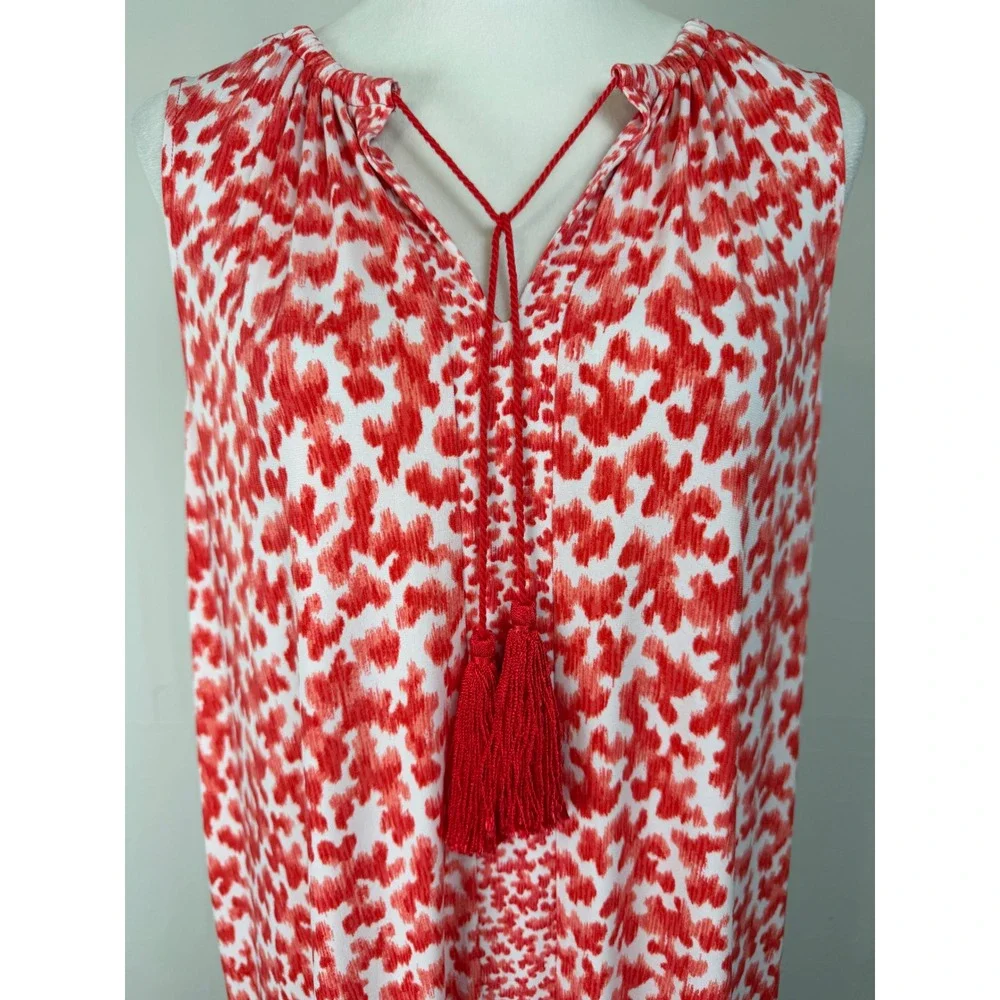 Michael Kors Ikat Heart Print Shift Dress Women XL Red Sleeveless Tassel‎ Tie